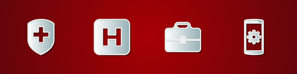 Set Medical shield with cross, Hospital, Toolbox and Setting on smartphone icon. Vector.