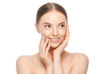 Beauty portrait of young woman looking right, holding hands near face with clean skin, isolated on white background