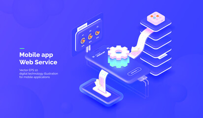 Wall Mural - Web service for mobile applications. Integration systems. Mobile phone with a service for monitoring application parameters and obtaining statistical data. Vector illustration isometric style.