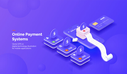 Wall Mural - Online payment servise. Payment mobile app with various money transfer tools. Phone with a mobile interface of the payment system, money transfers and financial transactions. Isometric illustration