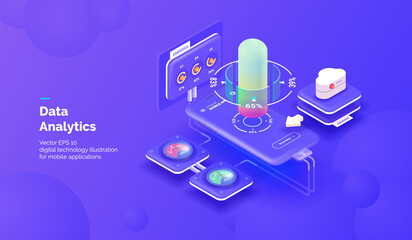 Smart technology. Integration systems. Mobile phone with a service for monitoring application parameters and obtaining statistical data. Vector illustration isometric style.