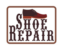 Logo Of A Shoe Repair Shop, Workshop Shoemaker. Design Element For Signboard, Banner, Flyer, Poster And Other Use. Cowboy Boot With Inscription "Shoe Repair". Isolated Vector Illustration, Icon.