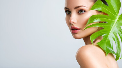 Beautiful woman with green leave near face and body.  Closeup girl's face with green leave. Skin care beauty treatments concept.