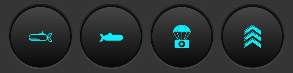 Poster - Set Submarine, , Parachute with first aid kit and Military rank icon. Vector.