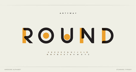 Wall Mural - Round modern alphabet. Dropped stunning font, type for futuristic logo, headline, creative lettering and maxi typography. Minimal style letters with yellow spot. Vector typographic design