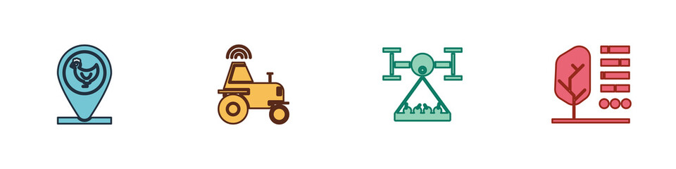 set chicken farm and location, wireless tractor smart, smart with drone and plant status icon. vecto