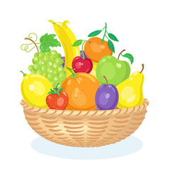 Canvas Print - Large basket with colorful fruits. Pear, tangerine, strawberry, banana, apple, orange, cherry, grape, plum and lemon. Isolated on white background. Vector flat illustration.