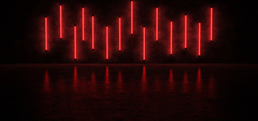 Glowing vertical stripes of red against the concrete wall, reflected on the glossy floor. Neon lights form a horizontal stripe in a dark space. 3D Render.