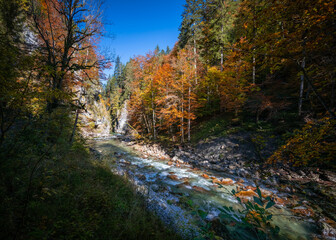 Wall Mural - Wandern in der Herbstsonne in der Breitachklamm in Oberstdorf, wunderbare Herbstfarben