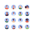 Diverse people avatar set. Vector flat people illustration. Pack of adult man and woman character of diversity ethnic in round frame isolated on white background. Design element for web profile icon.