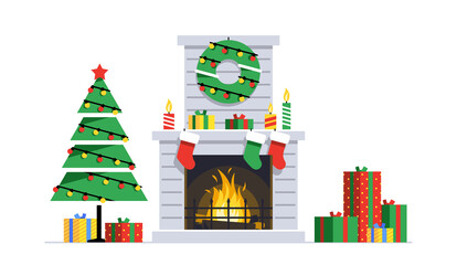 Christmas fireplace. Decoration with fireplace. Holiday decorating template. Flat Style