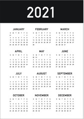 Calendar year 2021 calendar vector design template, simple and clean design