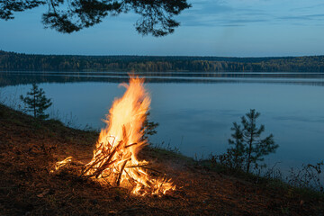 Wall Mural - Big night bonfire at the shore of the river in a forest glade, flames, sparks.