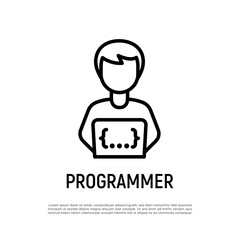 Wall Mural - programmer thin line icon. coding on laptop. freelancer, work at home. vector illustration.