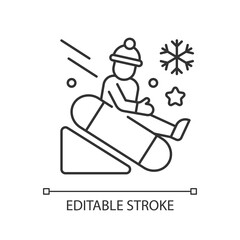 Poster - Snow tubing linear icon. Fun children ride downhill. Extreme sledging. Winter activity. Thin line customizable illustration. Contour symbol. Vector isolated outline drawing. Editable stroke