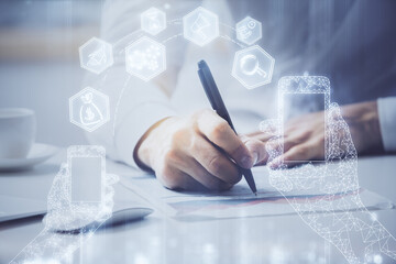 Fototapete - Close up of human hands and abstract innovative technologies for industries. Double exposure.