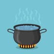 Boiling water in pan. Cooking pot on stove with water, steam, fire. Vector flat design