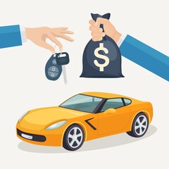 Buying new car. Hand holding automobile key and money bag