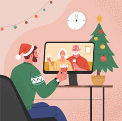 Wall Mural - Online Christmas celebration.  Vector illustration of man in cozy winter sweater and Santa hat talking with his elderly parents via  computer from home in trendy flat style. Isolated on background