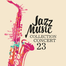 Poster For A Jazz Music Concert With A Bright Abstract Saxophone In Form Of Bright Spots And Lettering On A Light Background. Suitable For Vector Flyer, Invitation, Banner, Cover, Advertisement