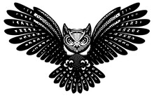 Flying Owl With Spread Wings. Vector Monochrome Illustration. Template For Poster Design