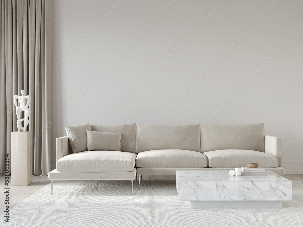 Living room interior in beige tones with a corner sofa and ma… - obrazy, fototapety, plakaty 