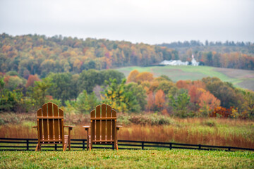 Wall Mural - Empty wooden chairs in autumn fall foliage season countryside at Charlottesville winery vineyard in blue ridge mountains of Virginia with cloudy sky day