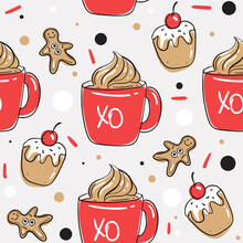 Seamless Pattern With Coffee Cup And Dessert. Christmas Background.