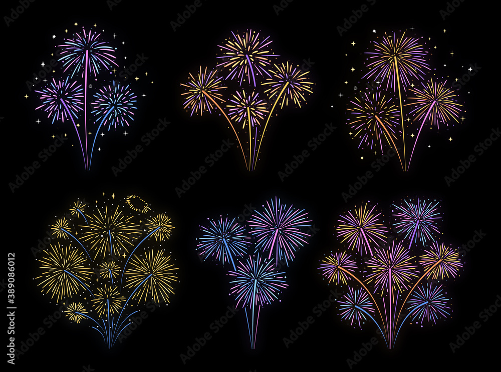 Festive fireworks. Firework explosions with sparks and glow effect ...