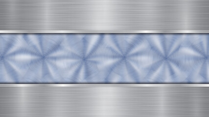 Background consisting of a blue shiny metallic surface and two horizontal polished silver plates located above and below, with a metal texture, glares and burnished edges