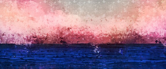 Background: Blue ocean and pink cloudy sky 