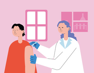 Poster - female doctor with patient injecting vaccine