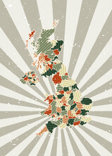 United Kingdom Vintage Map. Grunge Poster With Map Of The Country In Retro Color Palette. Shape Of United Kingdom With Sunburst Rays Background. Vector Illustration.