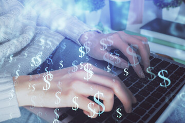 Double exposure of woman hands typing on computer and forex chart hologram drawing. Stock market invest concept.