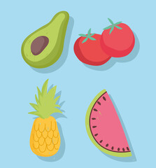 Wall Mural - food set icons tomato avocado pineapple and watermelon