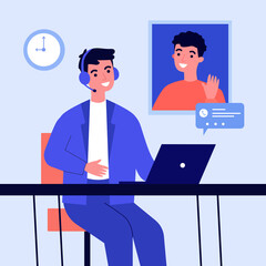 Poster - Happy men chatting online via video call. Laptop, distance, conference flat vector illustration. Communication and digital technology concept for banner, website design or landing web page