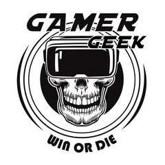 Poster - Vintage skull in virtual reality glasses vector illustration. Black dead head of gamer in VR. Videogame and computer tournament concept can be used for retro template, banner or poster