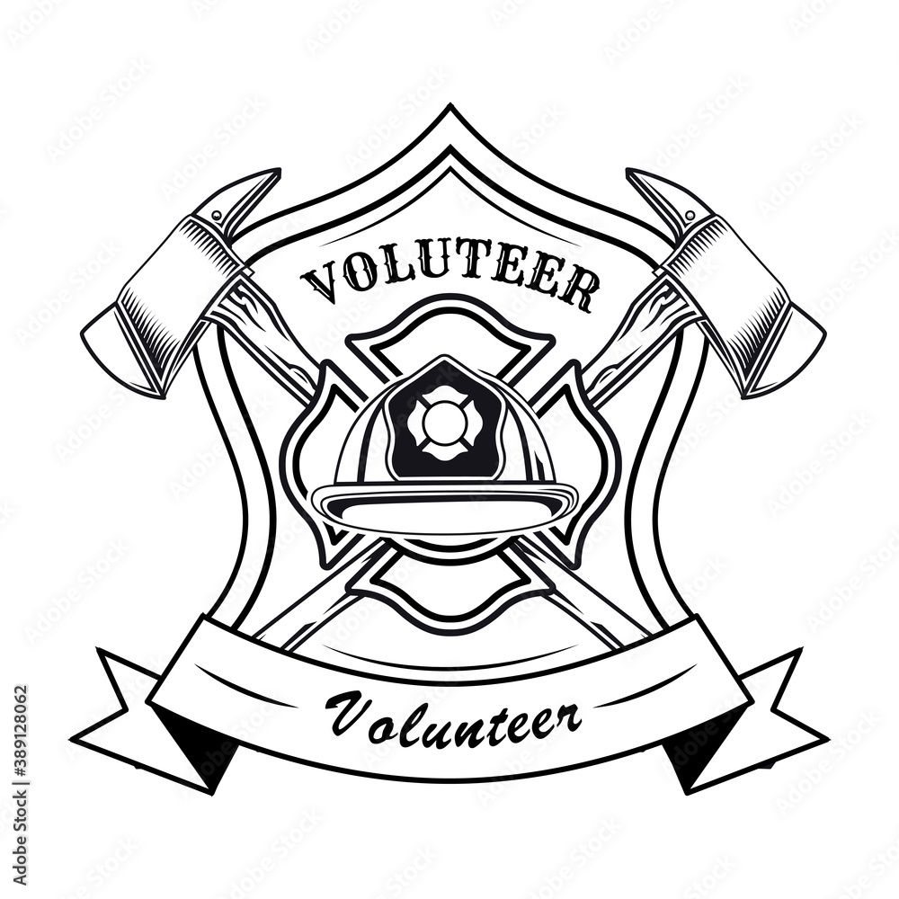 firefighter-volunteer-patch-with-helmet-vector-illustration-crossed-axes-text-heraldry-and-ribbon-rescue-concept-for-firefighting-or-fire-department-badge-template-stock-vector-adobe-stock for Free Printable Fireman Badge Template Firefighter volunteer patch with helmet vector illustration. Crossed axes, text, heraldry and ribbon. Rescue concept for firefighting or fire department badge template Stock Vector | Adobe Stock for Free Printable Fireman Badge Template
