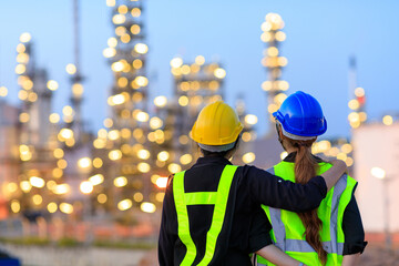 smart two female engineer discussion together at refinery industry plant at industry factory center 