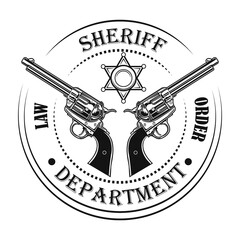 Wall Mural - Sheriff department badge vector illustration. Guns and text, circular stamp. Lifestyle concept for wild west or western topics, club or community emblem templates