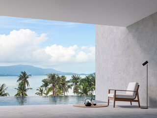 Wall Mural - Minimal loft style swimming pool terrace with sea view 3d render,there are concrete floor and wall, decorate with wooden chair,overlooking sea,island and sky view.