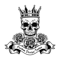 Canvas Print - Black skull in crown and roses vector illustration. Vintage dead head of king. Tattoo design, art and style concept can be used for retro template, banner or poster