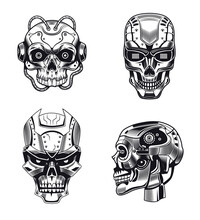 Robot Skulls Vector Illustrations Set. Collection Of Monochrome Humanoid Heads With Aggressive Faces. Robotics Or Artificial Intelligence Concept For Emblems Or Badges Templates