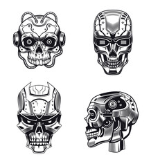 robot skulls vector illustrations set. collection of monochrome humanoid heads with aggressive faces