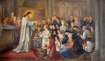 Wall Mural - VIENNA, AUSTIRA - OCTOBER 22, 2020:  The symbolic fresco Jesus give the communion in church Pfarrkirche Kaisermühlen from end of 19. cent.