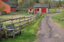 Beautiful Colonial Pennsylvania Farm At The Daniel Boone Homestead. Idyllic Scene With Winding Lane And Copy Space