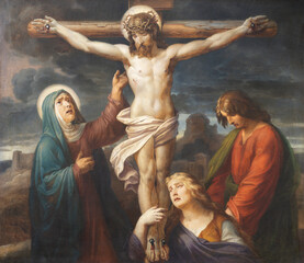 Papier Peint - VIENNA, AUSTIRA - OCTOBER 22, 2020: The painting of Crucifixion in church St. Johann der Evangelist by Karl Geiger (1876).