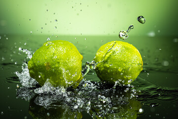 Two green limes on gradient background with splash and water drops