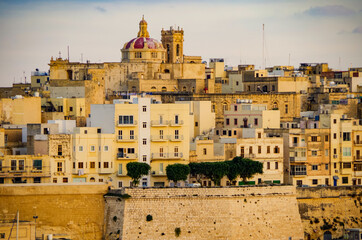 Scenic and beautiful panoramic view of picturesque historic old town of La Valletta on Malta island in the Med, popular tourist travel destination rich of history and World Heritage Site of UNESCO