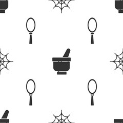 Sticker - Set Spider web, Magic mortar and pestle and Magic hand mirror on seamless pattern. Vector.